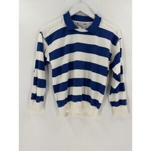 Vintage Lindsey Blake Shirt Womens Small Petite Blue White Striped 3/4 Sleeves